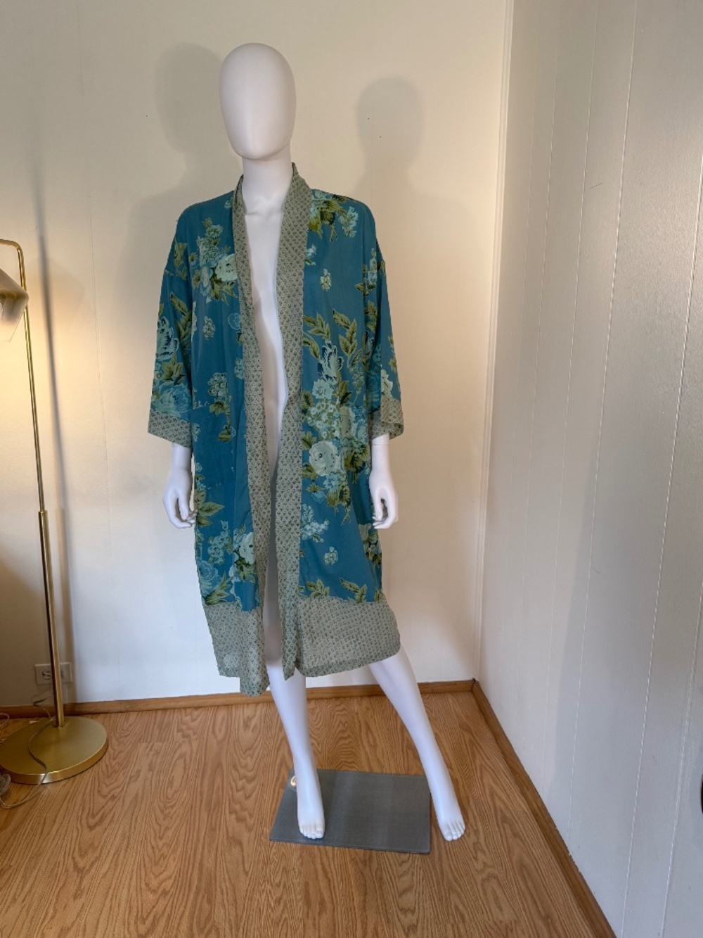 NWT 3/4 Sleeve 100% Cotton Midi Blue and Green Kimono with Pockets and Belt